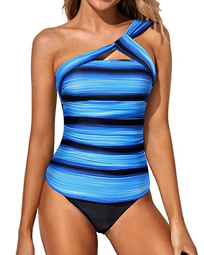 Flattering Two Piece Tankini Bathing Suits One Shoulder Swim Top