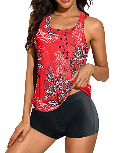 Women's Floral Print Zip Front Sporty Tankini Swimsuit with Swim Shorts  Swimwear