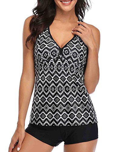 Tummy Control Two Piece Swimsuit Racerback Tankini-Grey Tribal