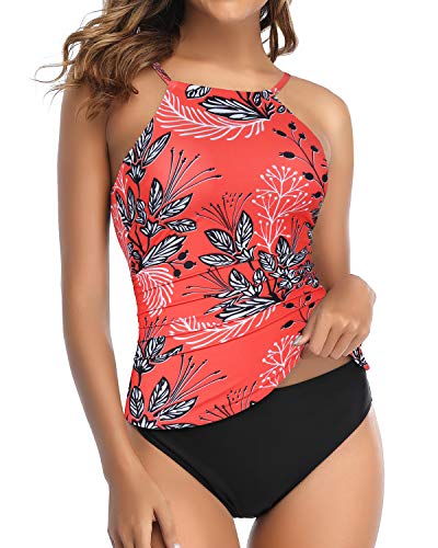  Women Red Floral Tankini Top Only High Neck Bathing