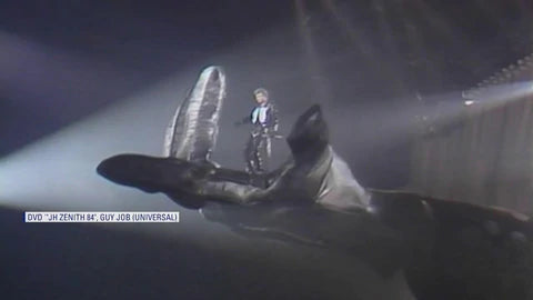 Johnny Hallyday sur la main géante au Zénith de Paris en 1984