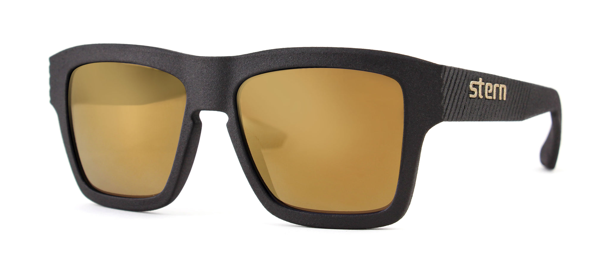 Polarized sunglasses with brown tinted lenses with gold flash mirror that block out harmful UV420 rays. Sunglasses are made in the USA with laser fusion 3D printing.