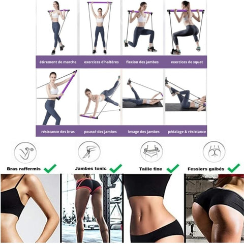 VENUSFIT Kit de barre de pilates 6 bâtons pour modeler le corps avec bande  élastique réglable de résistance pour le yoga, l'étirement, la sculpture