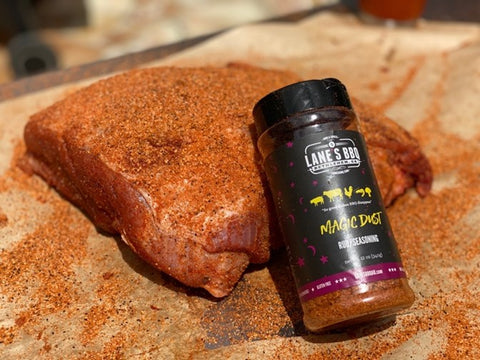 Pork shoulder rubbed with Lanes BBQ Magic Dust