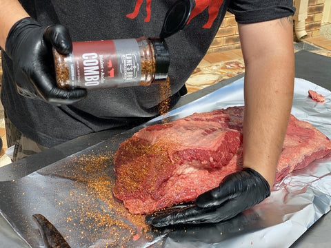 Seasoning a wagyu brisket with Lanes BBQ Brancho