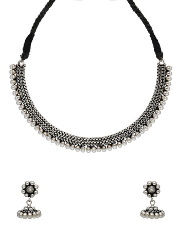 Silver Oxidized Pearl Studded Necklace Set