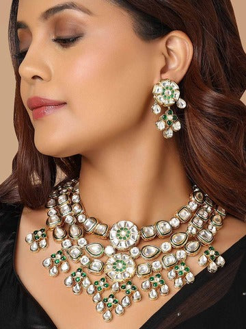 Kundan Polki Necklace Set In Gold And Green Tone
