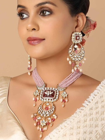 Kundan Polki Beaded Necklace Set In Red And Pink