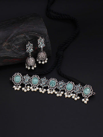 Silver Finish Oxidised Necklace Set