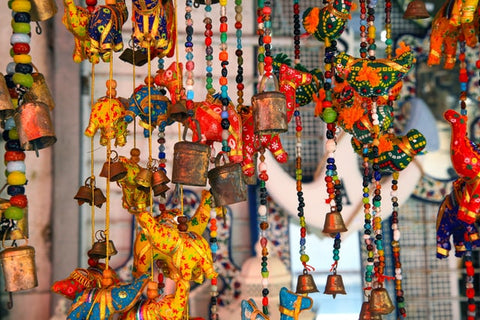: Colorful handmade decoration hanging at a handicraft store