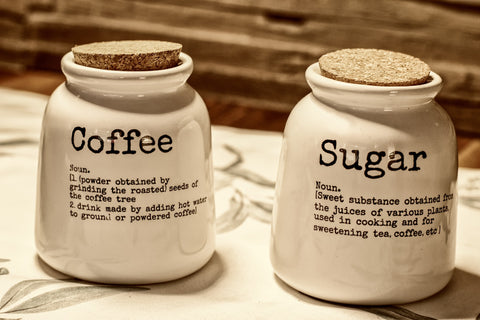 Great handmade product descriptions on the coffee and sugar stone jars.