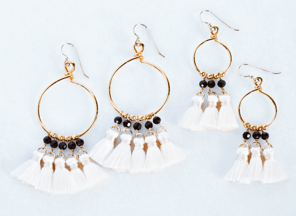 boho chic tassel earrings gold handmade topaz and pearl