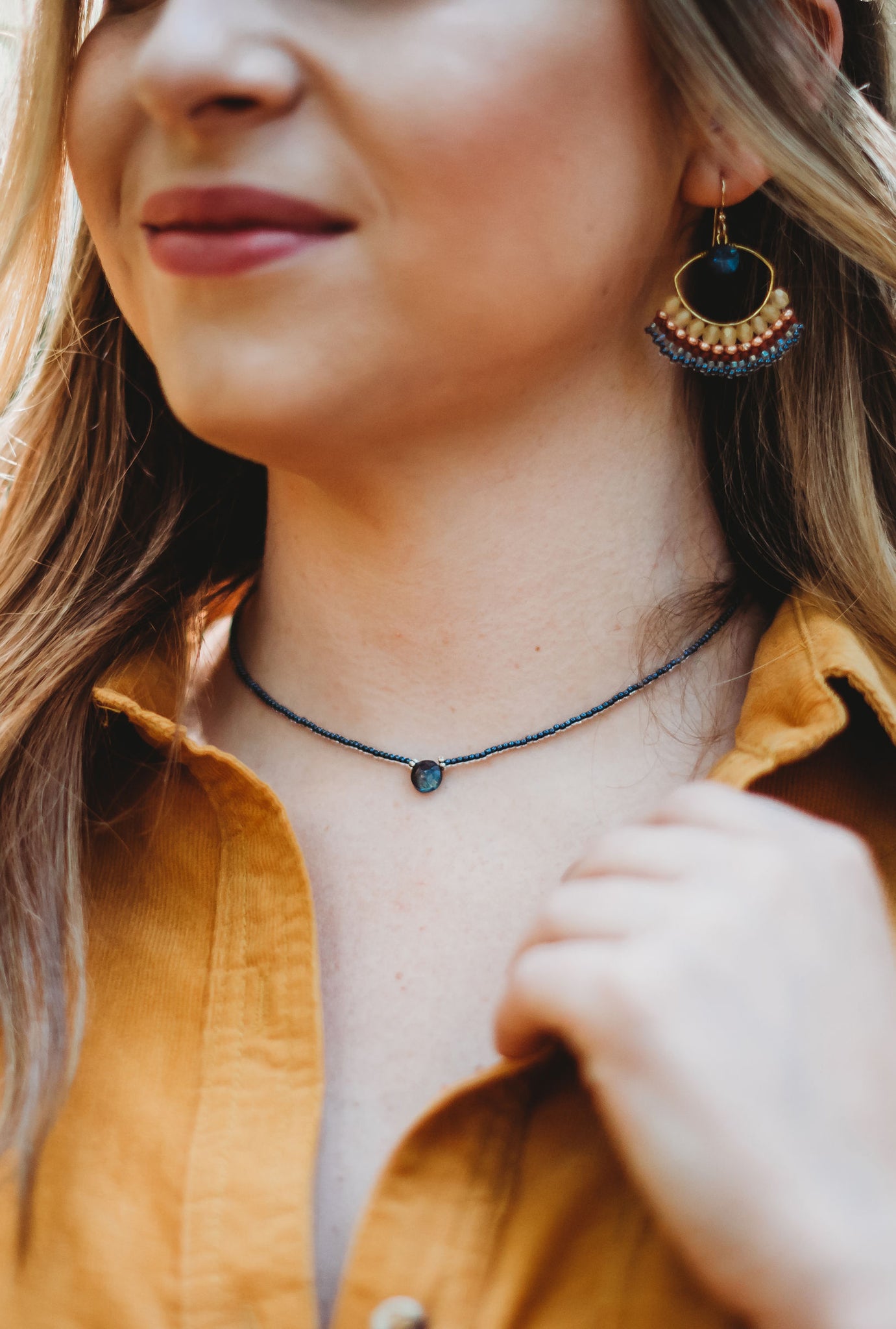 boho labradorite choker necklace navy topaz and pearl