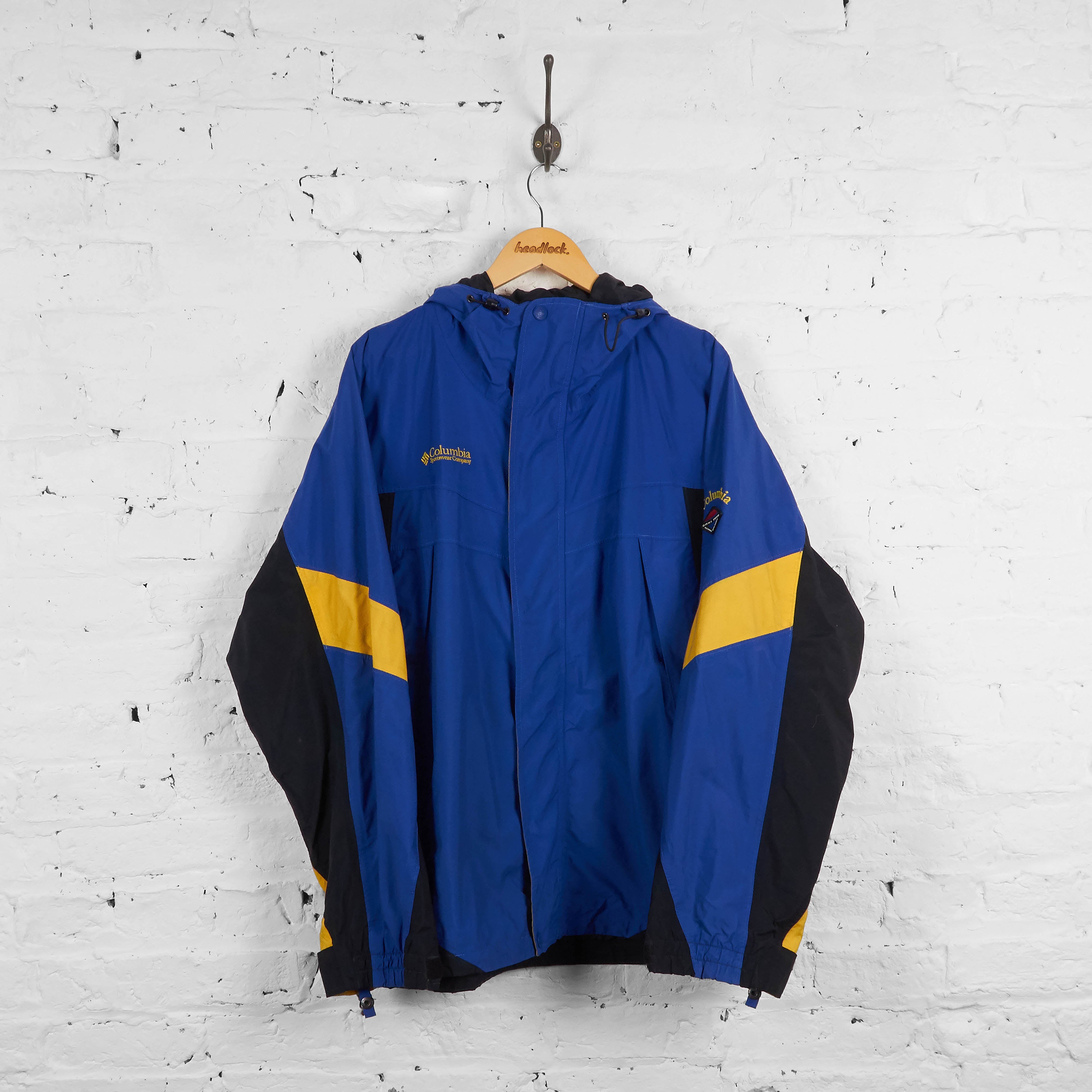 blue and yellow columbia jacket