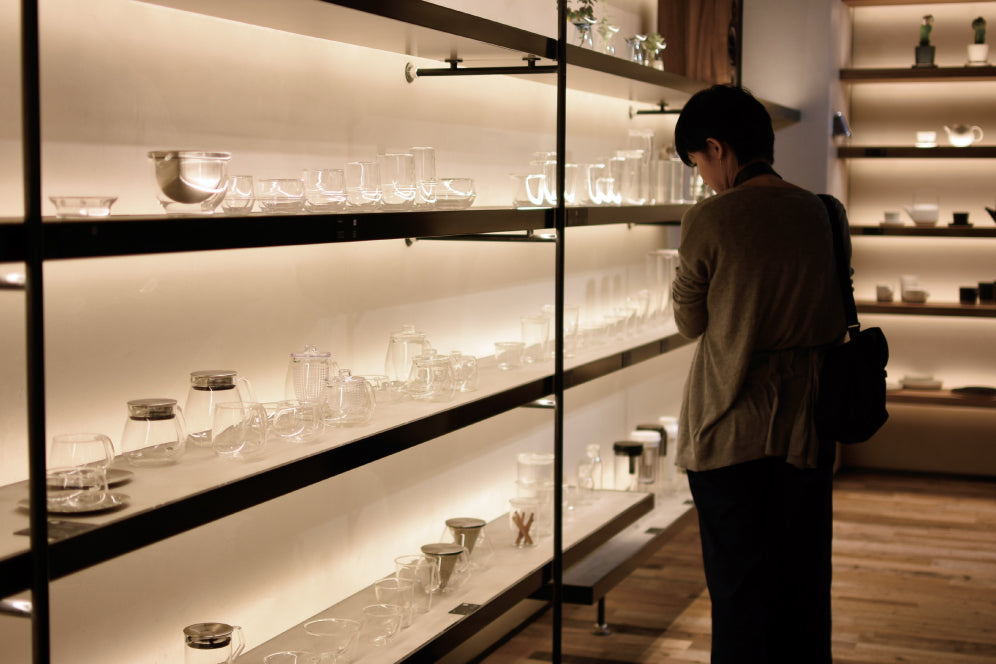 Display shelves of KINTO glassware 