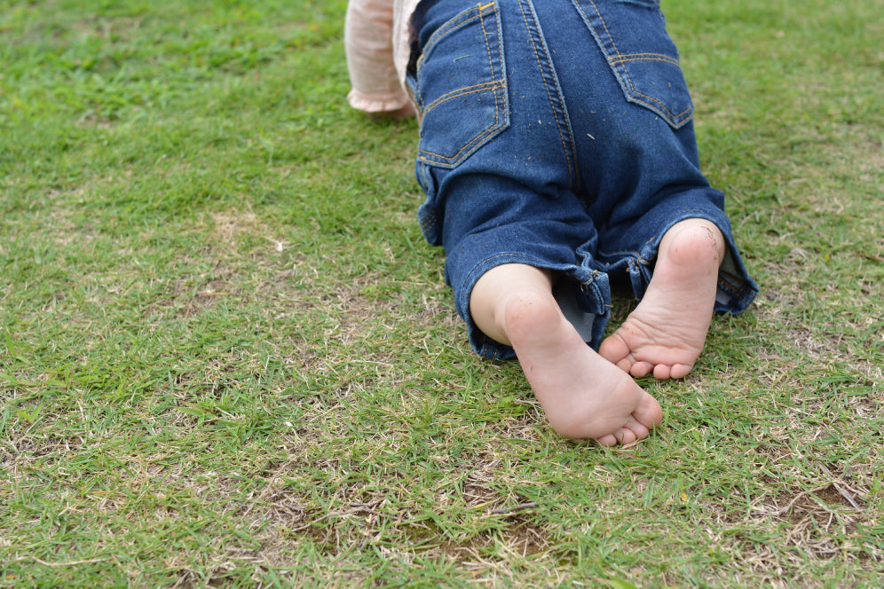 Baby crawling on grass 
