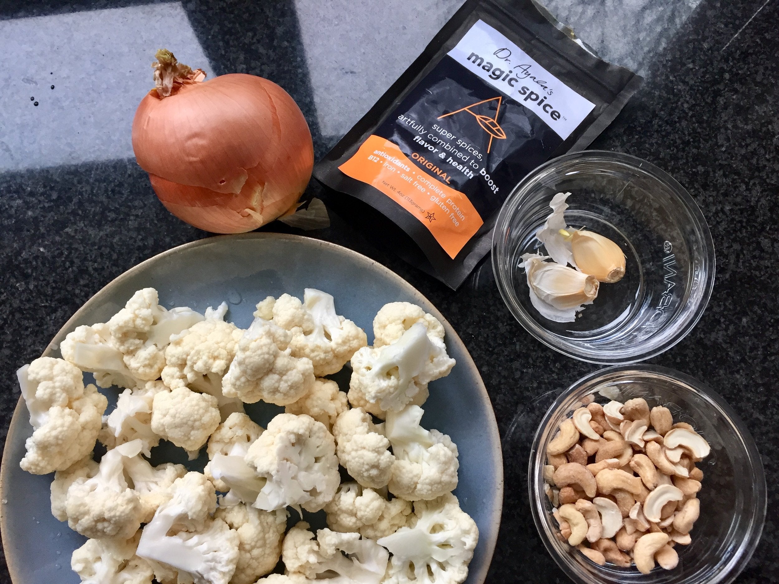  Cauliflower, cashews, onion, garlic, Dr. Ayala's Magic Spice 