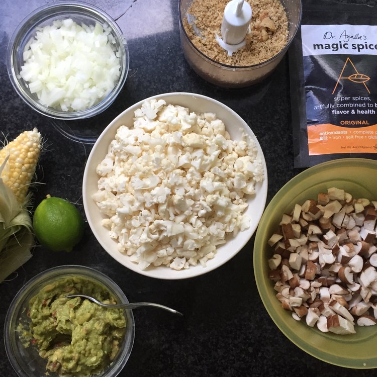  chopped cauliflower, shitake mushrooms, onions and walnuts, Dr. Ayala's magic Spice, guacamole 