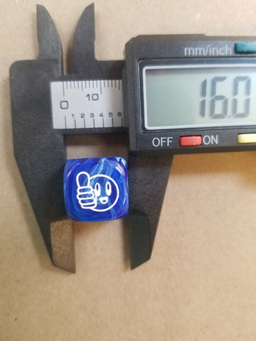 digital caliper with 16mm dice by chessex dice being measured.