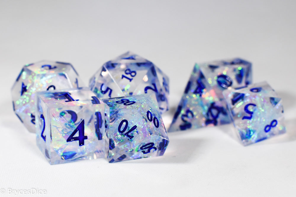 Ice Cubes Sharp Edge Resin 7 Dice Dice Clear Shimmer W Blue Numbers Brycesdice 