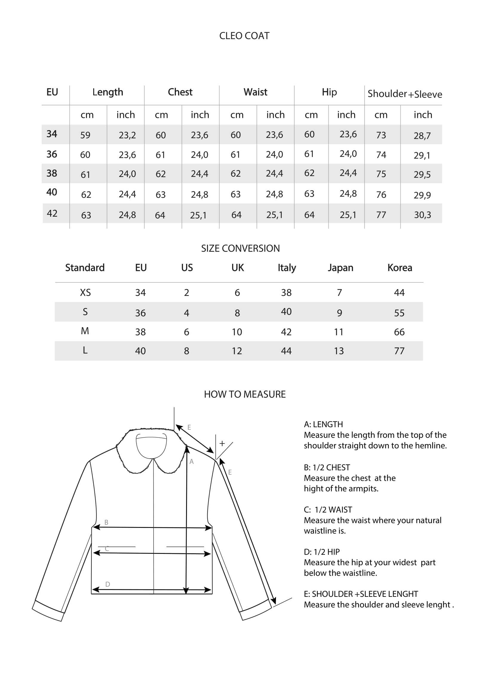 Size Chart Cleo Jacket - ONAR