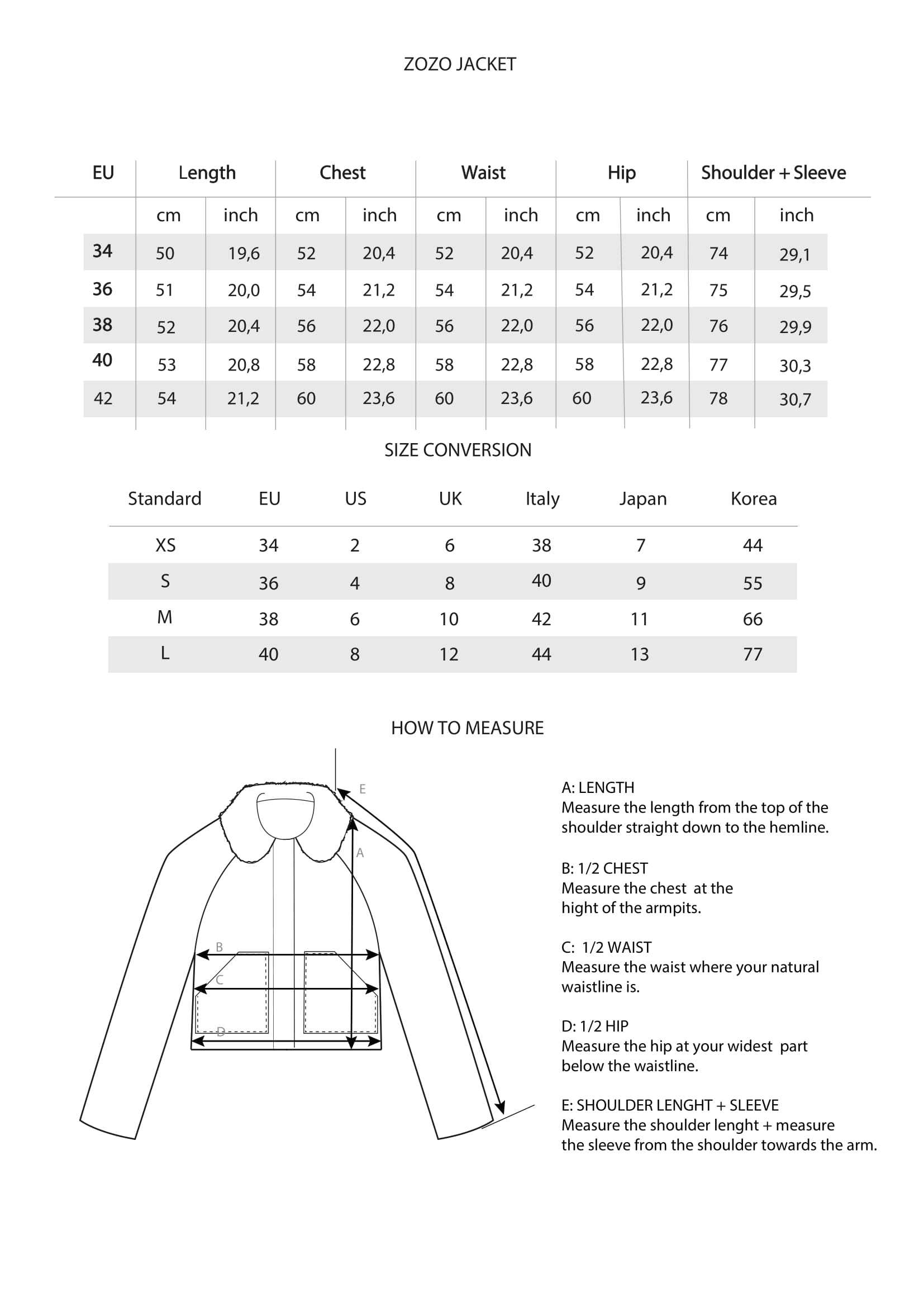 Zozo Jacket Size Chart