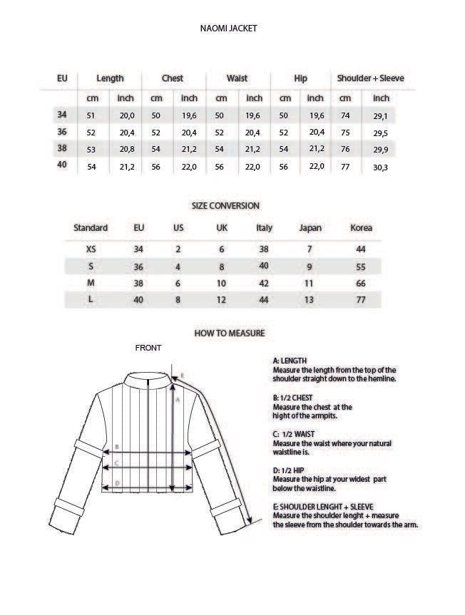 Size Chart Naomi Jacket