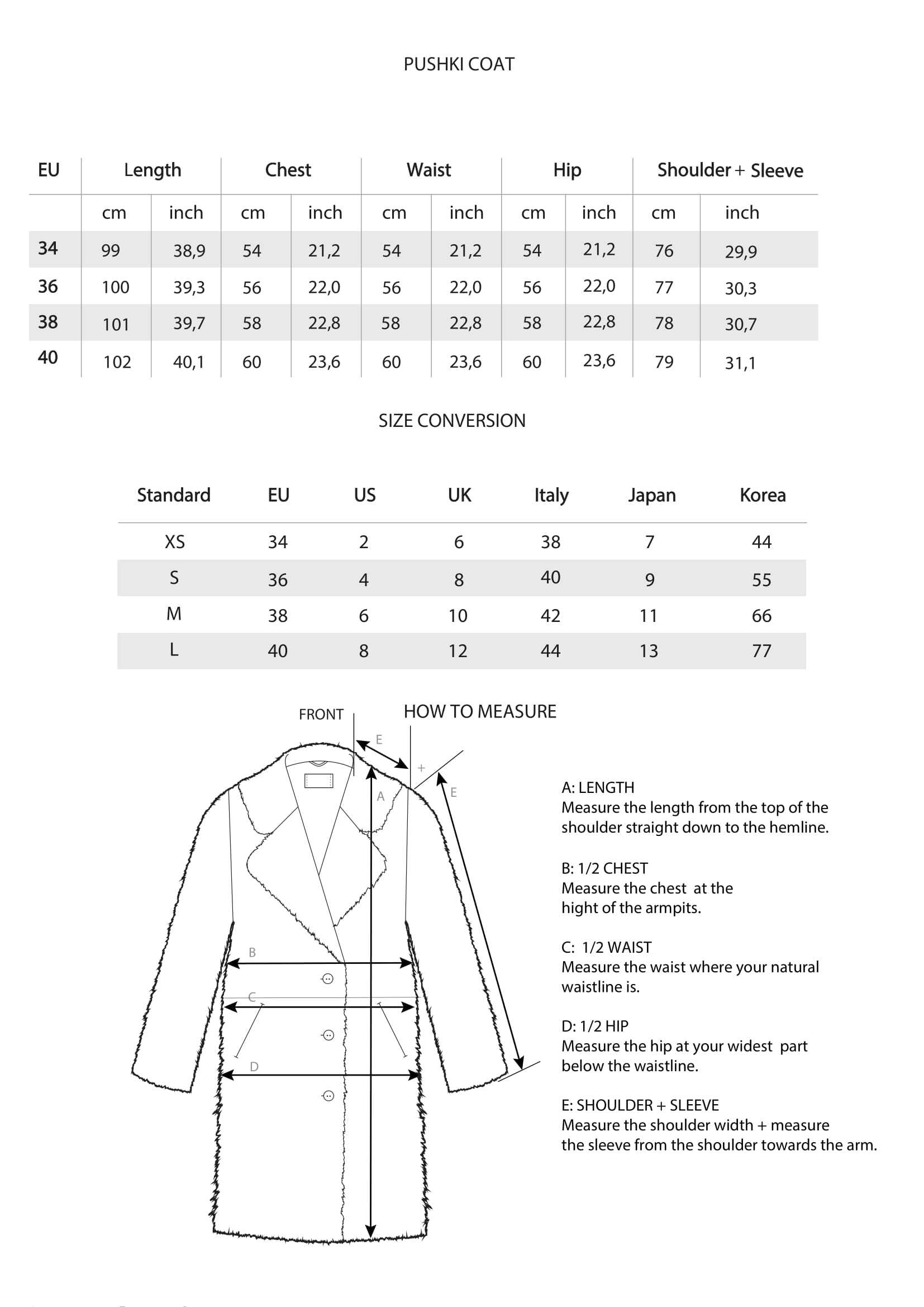Size Chart Pushki Coat - ONAR