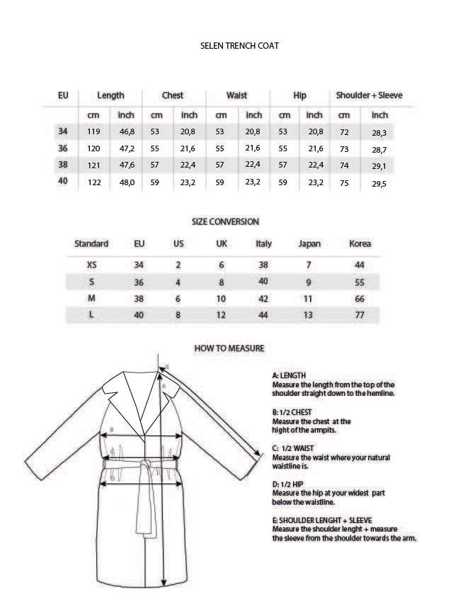 Selen Coat Size Chart