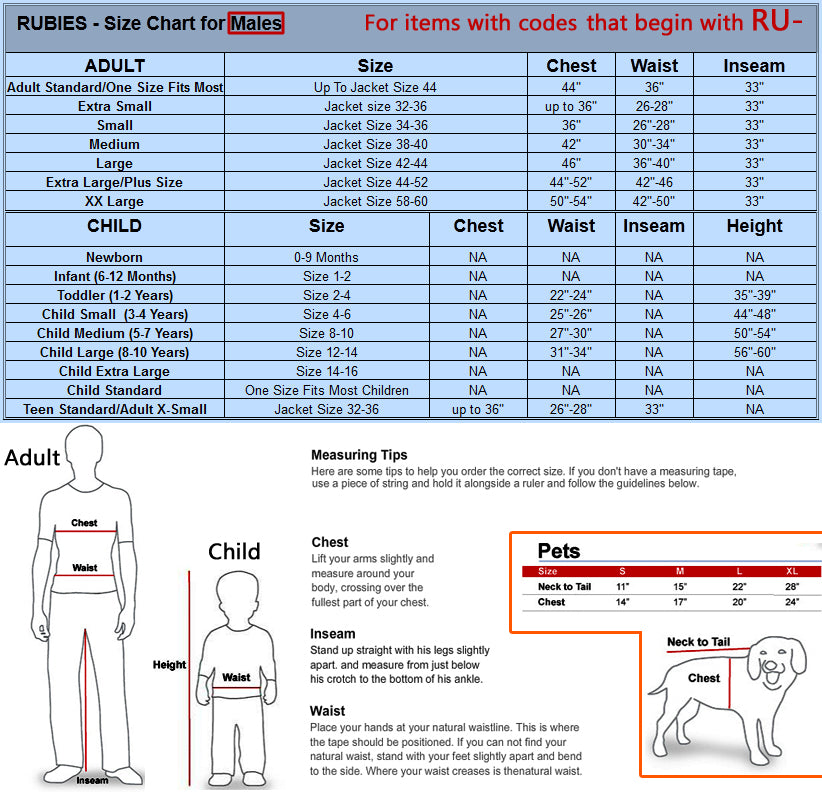 Rubies Costume Size Chart