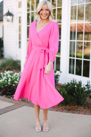 pink long sleeve midi wrap dress