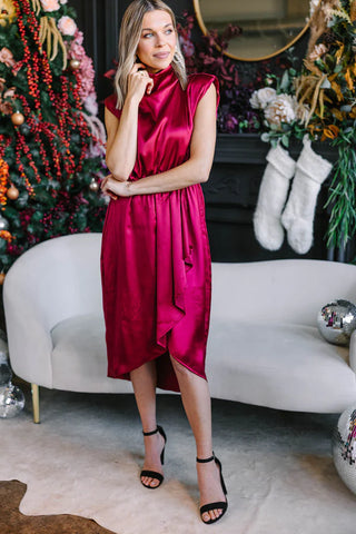 red satin midi dress