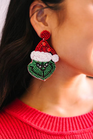 beaded Grinch Christmas earrings
