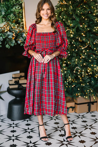 Red Tartan Plaid Midi Dress