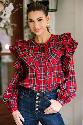 Red Tartan Plaid Button Down Blouse