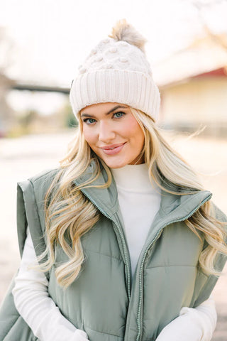 Beige CC Pompom Beanie