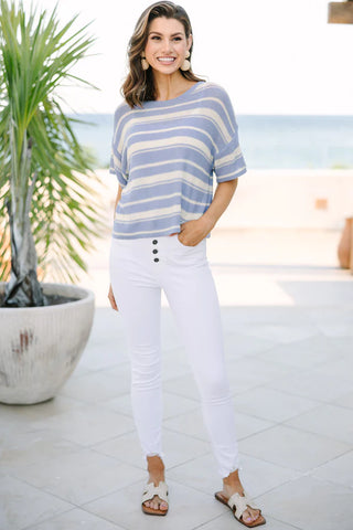 Blue Striped Short Sleeve Sweater