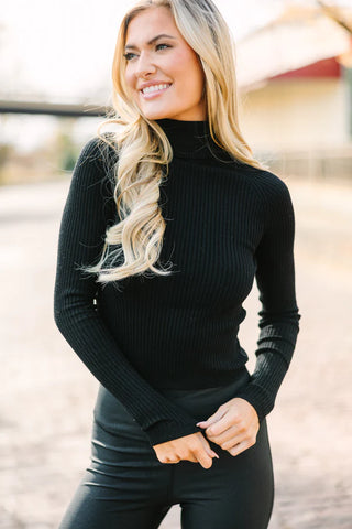 Black Ribbed Turtleneck Top