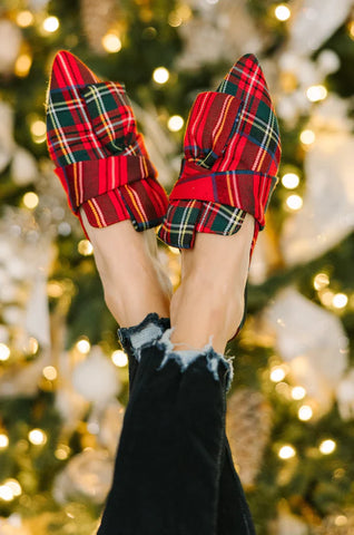 red plaid Christmas flat mules