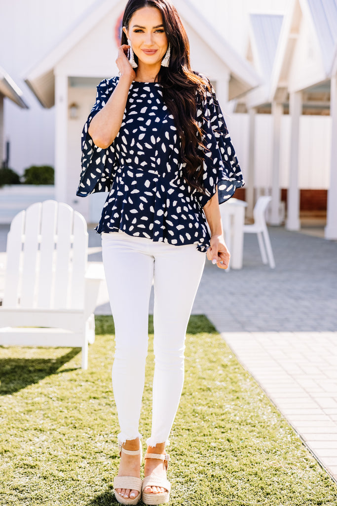 Tell Me Everything Navy Blue Spotted Peplum Top – Shop The Mint