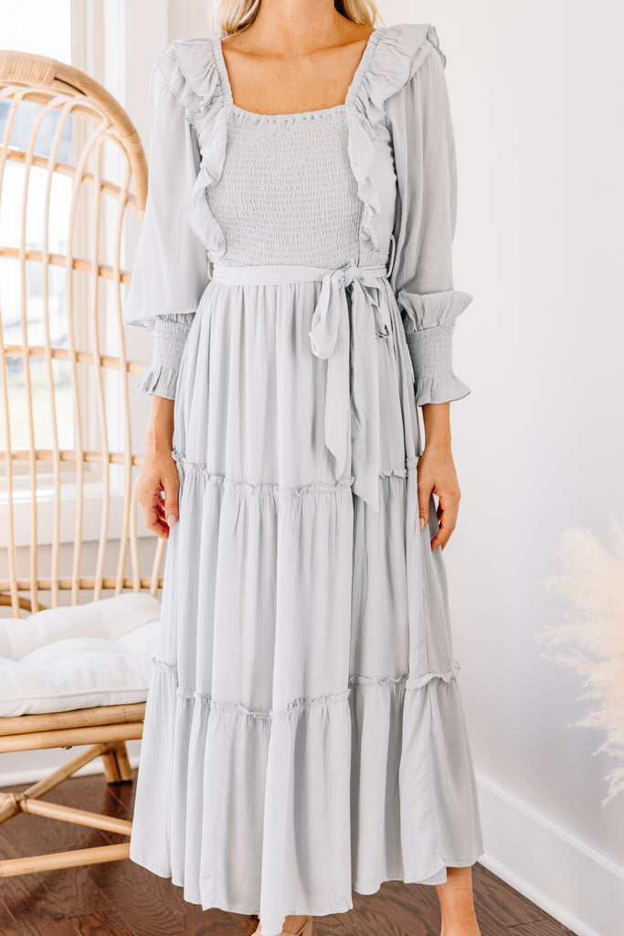 Feel Your Love Light Gray Ruffled Midi Dress – Shop The Mint