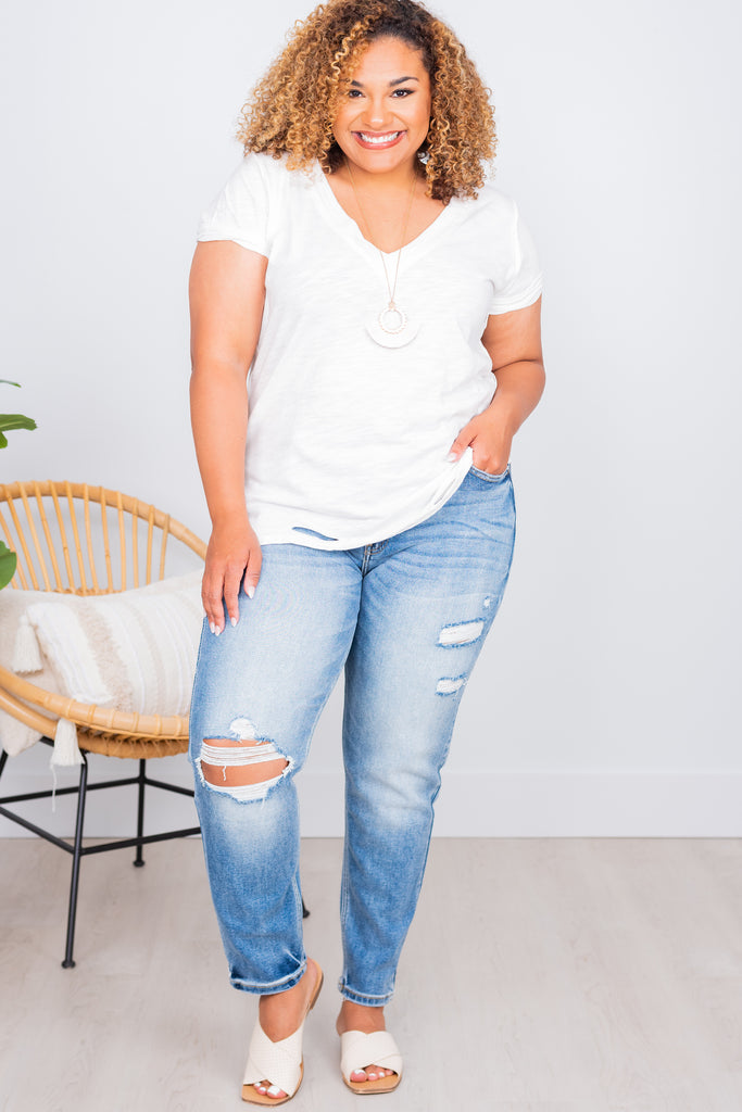 Versatile Off White Distressed Top - Casual Solid Tops – Shop The Mint