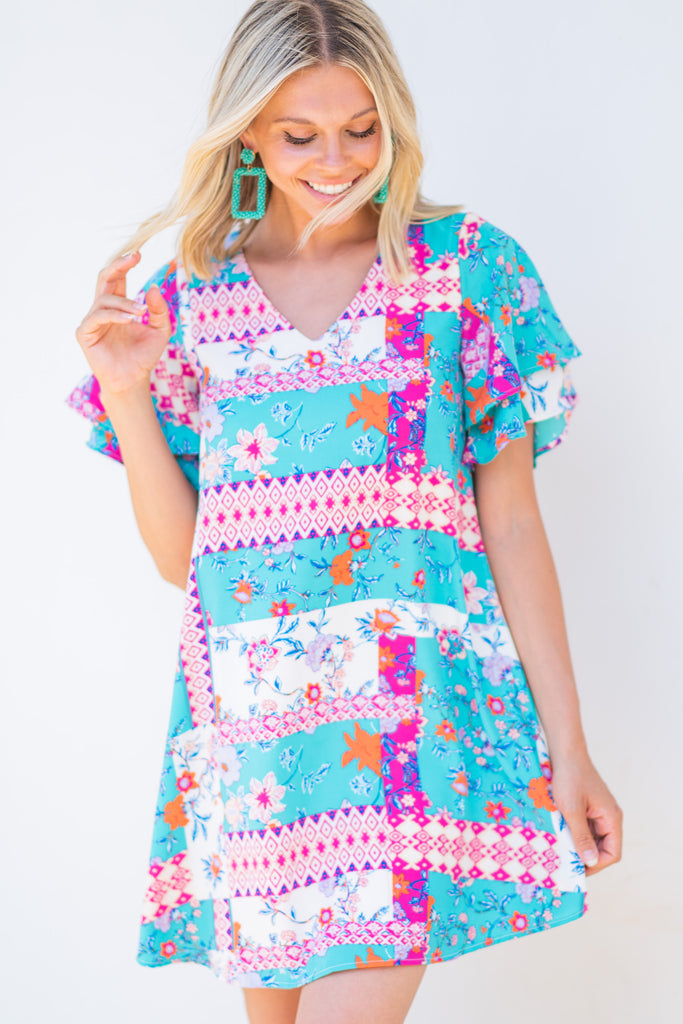 Pretty Turquoise Blue Mixed Floral Dress - Trendy Dresses – Shop The Mint