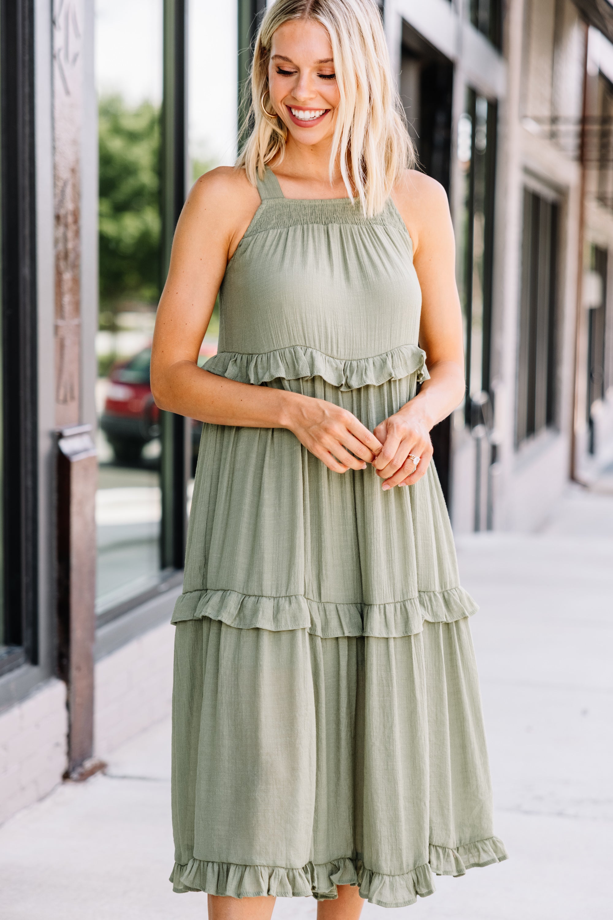 Celebrate Yourself Olive Green Ruffled Midi Dress – Shop The Mint