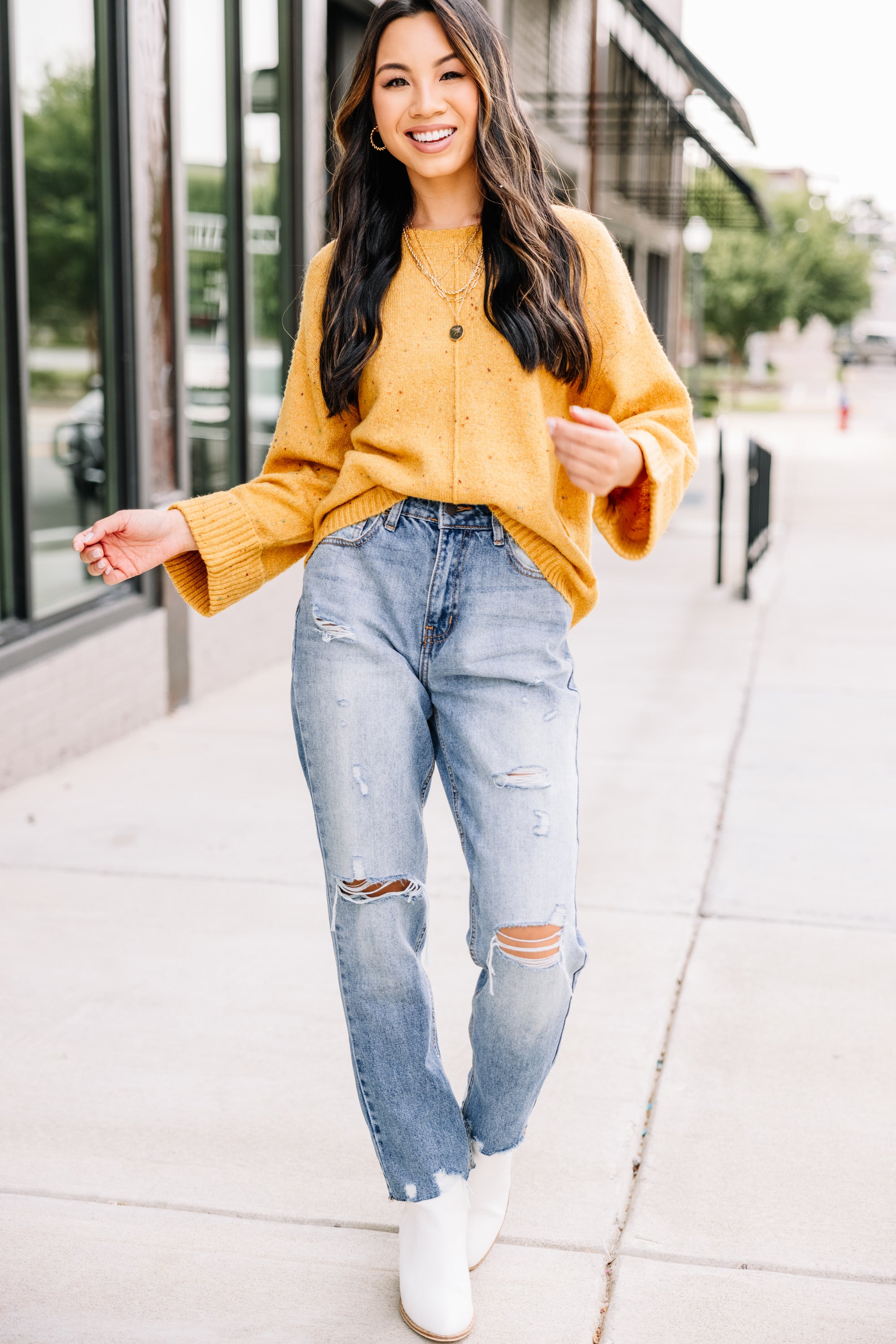 No Looking Back Mustard Yellow Confetti Sweater – Shop The Mint