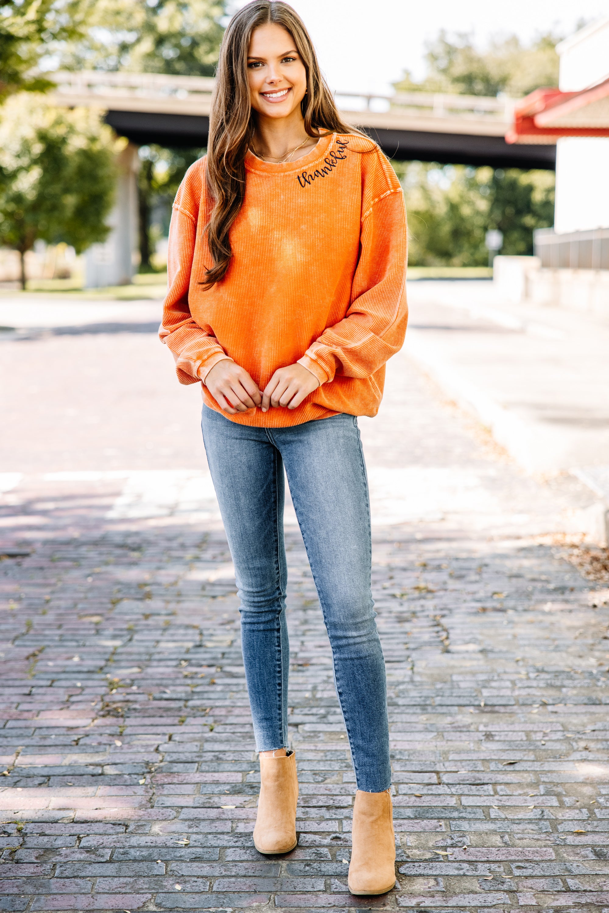 Thankful Burnt Orange Corded Embroidered Sweatshirt – Shop The Mint