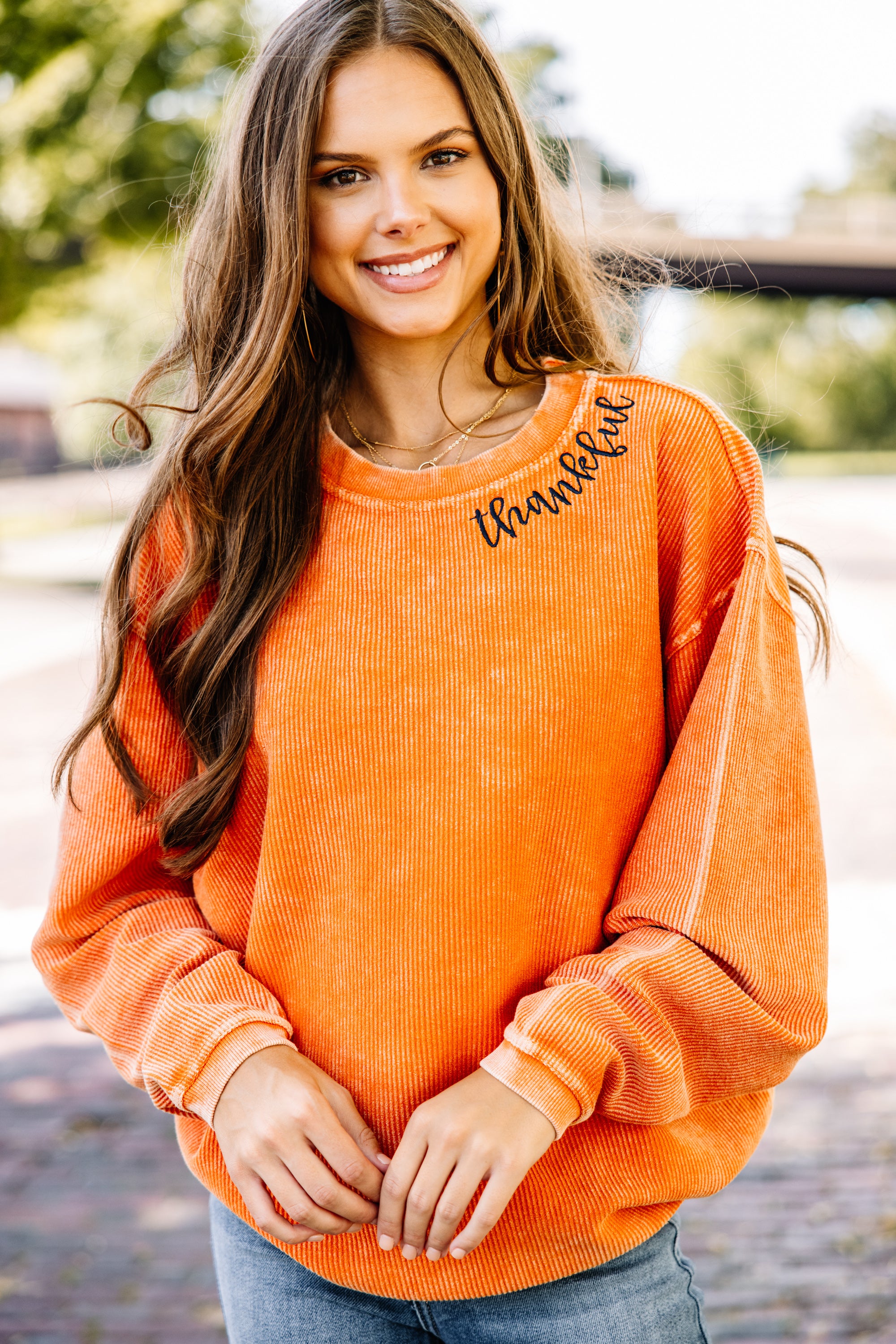 Thankful Burnt Orange Corded Embroidered Sweatshirt – Shop The Mint