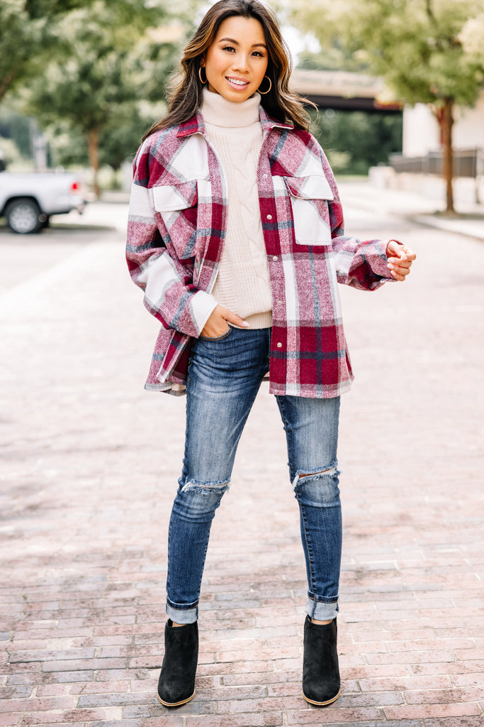 Trendy Wine Red Plaid Shacket - Boutique Outerwear – Shop The Mint