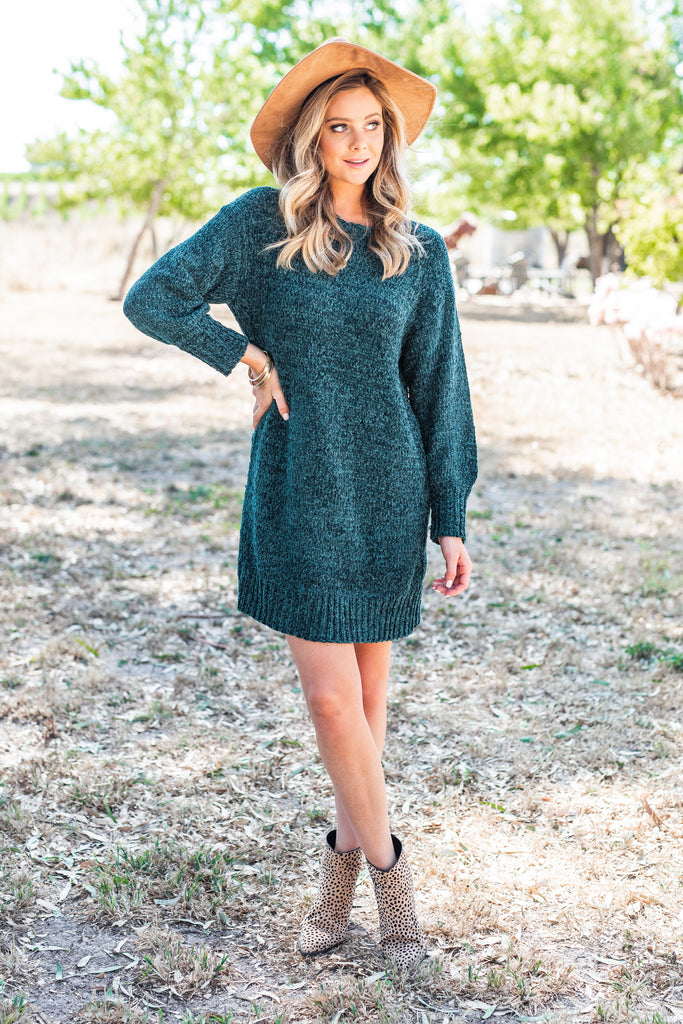 Cozy Deep Emerald Green Chenille Sweater Dress - Long Sleeve | Mint ...