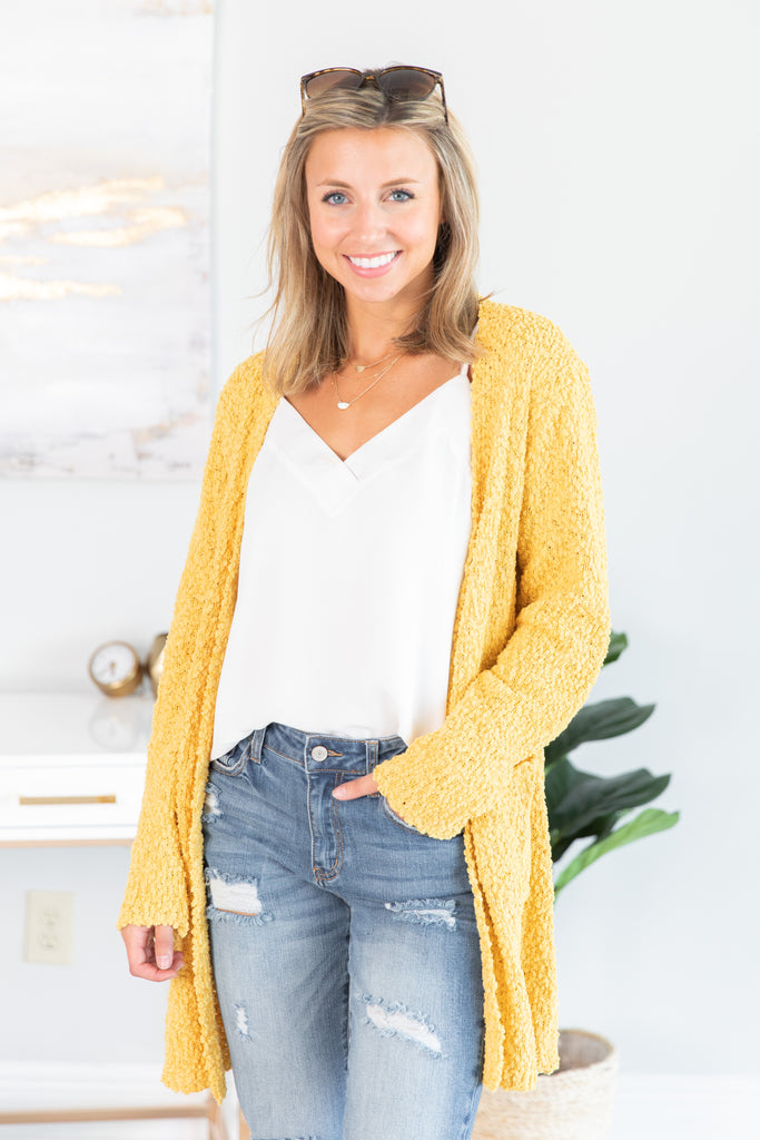 mustard popcorn cardigan sweater